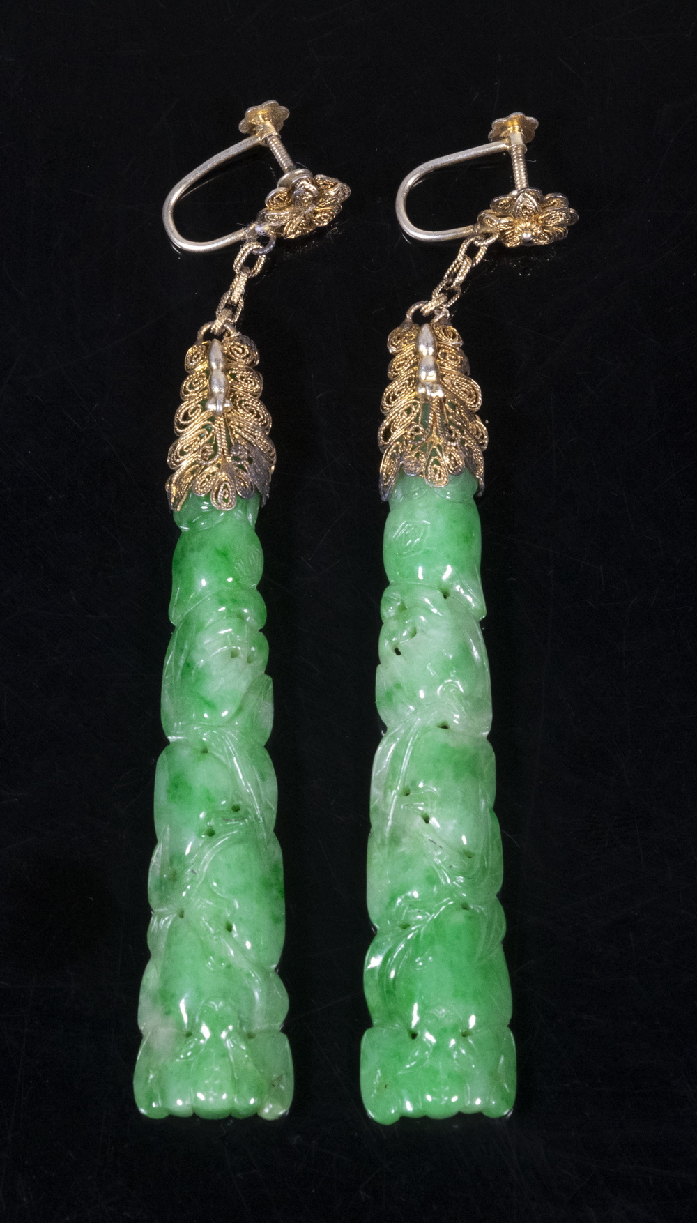 Appraisal: PR CARVED JADE EARRINGS Pair of Circa Chinese Gilt Silver