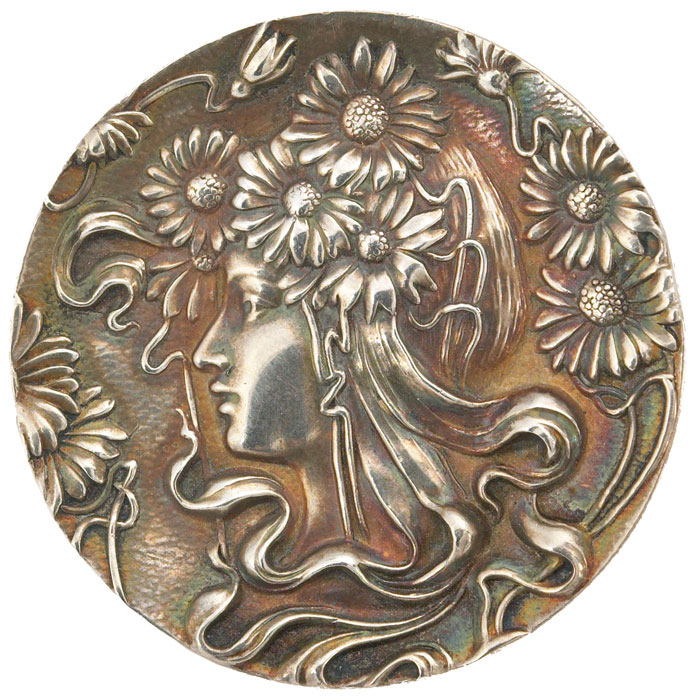 Appraisal: Art Nouveau pin round form in sterling silver embossed female