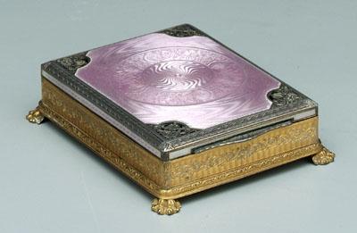 Appraisal: Enameled silver box lavender guilloche enameled lid openwork spandrels gilt