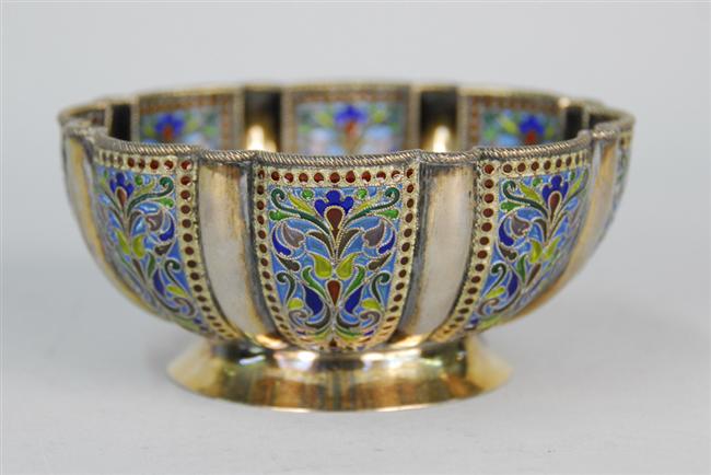 Appraisal: RUSSIAN SILVER AND PLIQUE A JOUR LOBED FOOTED BOWL Khlebnikov