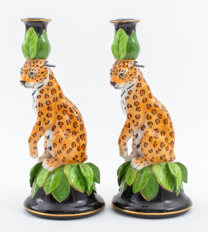 Appraisal: LYNN CHASE JAGUAR JUNGLE CANDLESTICKS PAIR Pair of Lynn Chase