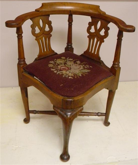 Appraisal: Corner chair American th C rolled crest pierced double splat