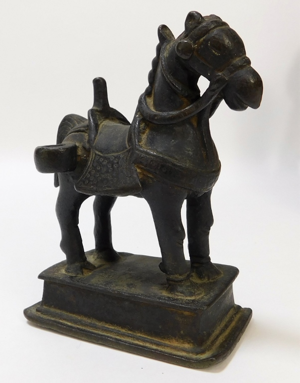 Appraisal: C INDIAN BRONZE SADDLED HORSE FIGURE India Circa Archaistic figure