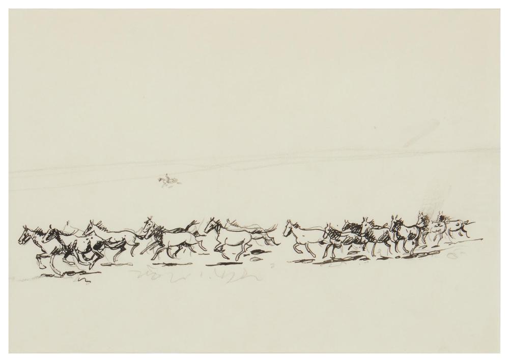 Appraisal: Edward Borein - Cowboy and stampeding horses India ink and