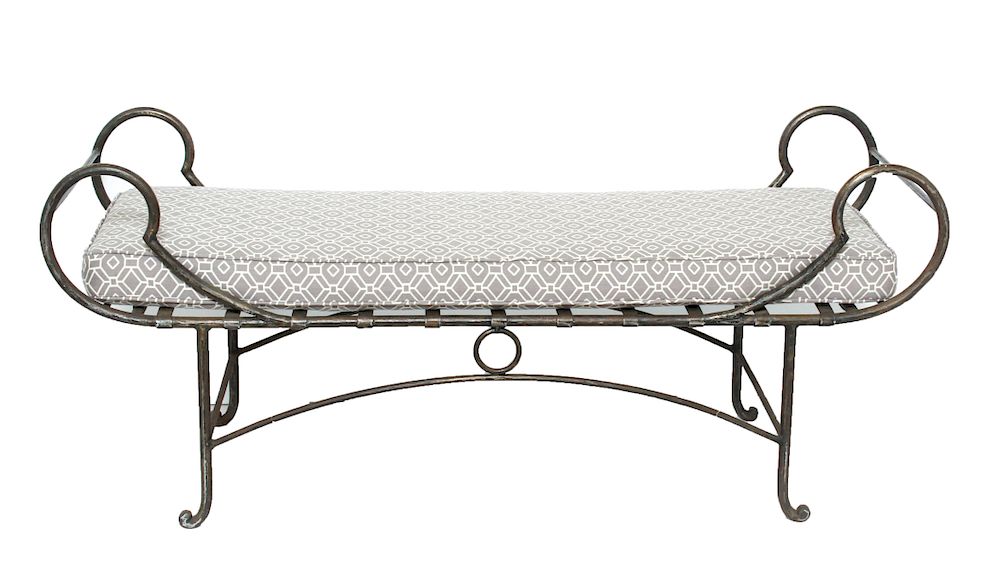 Appraisal: Modern Metal Bench w Scroll Frame Cushion Modern metal bench