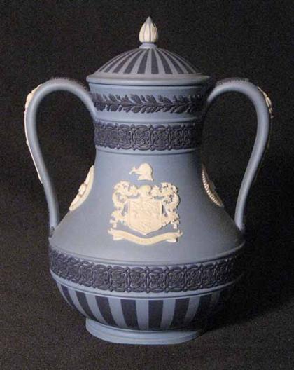 Appraisal: Wedgwood light blue jasperware twin handled covered vase PROVENANCE The