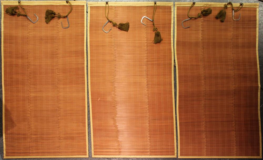 Appraisal: THREE JAPANESE SILK-TRIMMED MATCHSTICK BLINDS each of rectangular form and