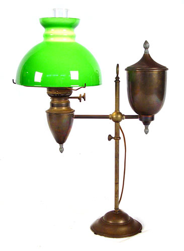 Appraisal: BRADLEY HUBBARD BRASS STUDENT LAMP with cased green glass shade