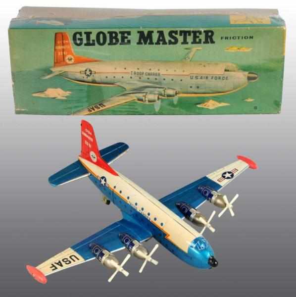 Appraisal: Tin Globe Master Airplane Friction Toy Description Japanese Working Marked