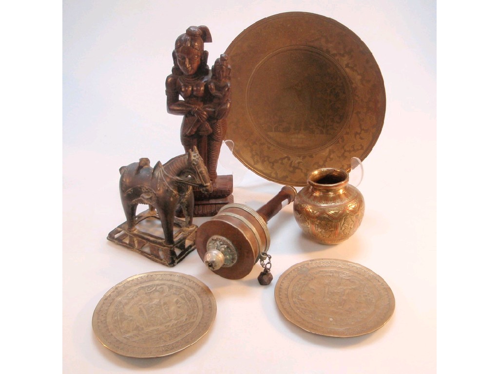 Appraisal: A Tibetan prayer wheel pair of small brass dishes a