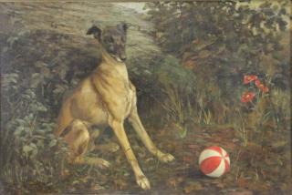 Appraisal: EMMS Oil on Canvas Seated Dog with Ball Signed 'Emms'