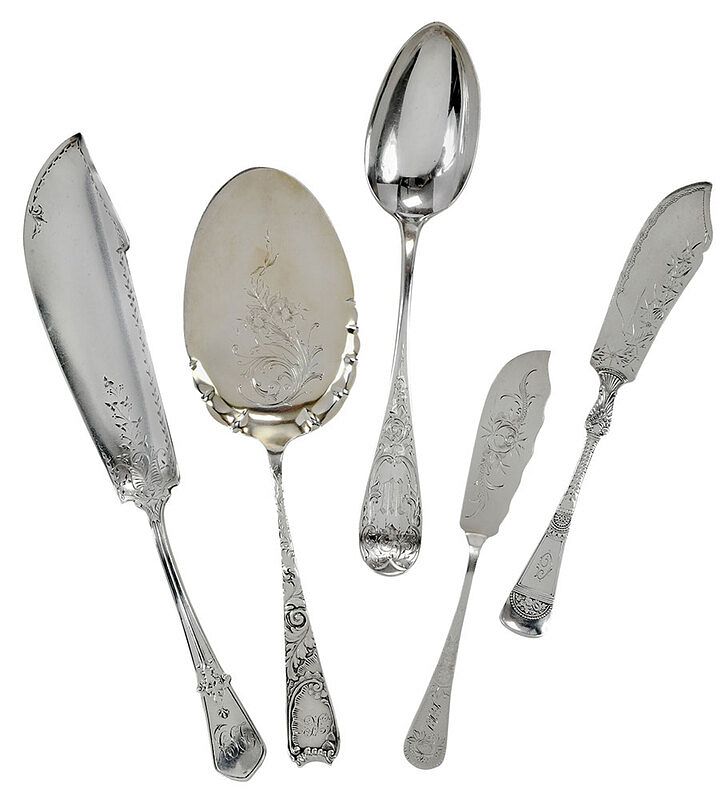 Appraisal: Five Sterling Bright Cut Serving Pieces American late th century