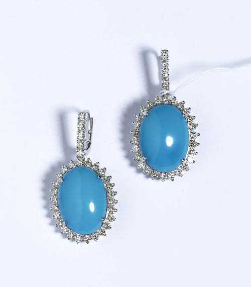 Appraisal: TURQUOISE AND BRILLIANT-CUT DIAMOND PENDANT EARRINGS White gold Elegant pendant