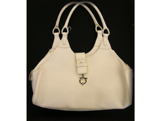 Appraisal: Salavatore Ferragamo handbag ivory leather exterior hook strap closure double