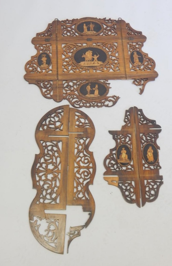 Appraisal: A Sorrento ware olive wood and marquetry wall bracket decorated