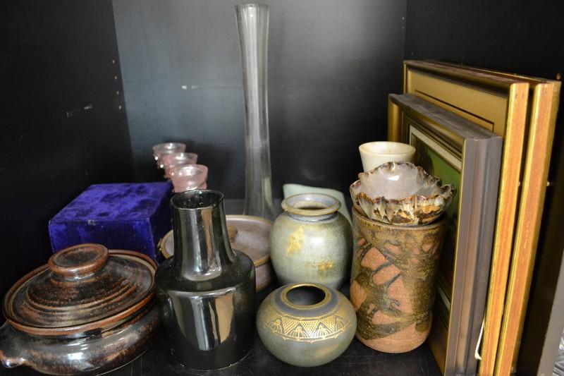 Appraisal: SHELF OF ASSORTED ITEMS INCL POTTERY SILVER PLATE ART GLASS