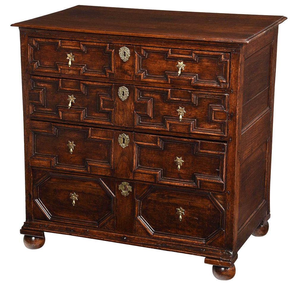 Appraisal: Charles II Style Paneled Oak Four Drawer Chest British some