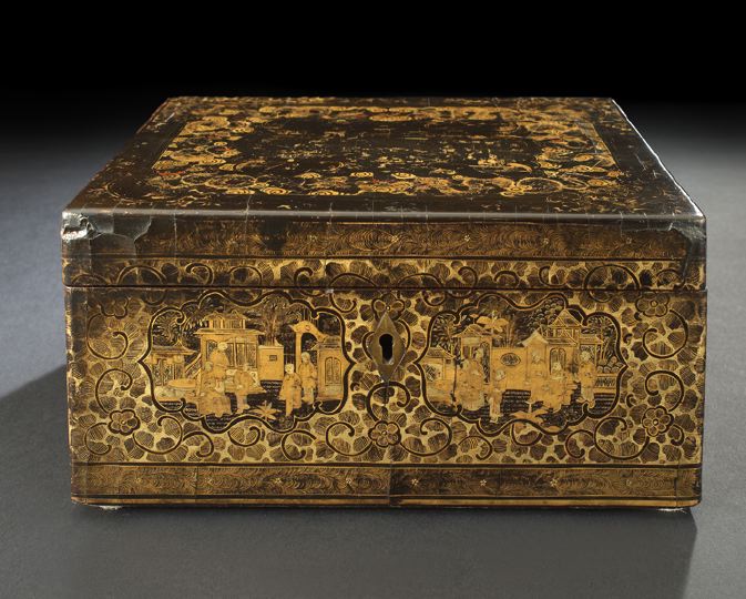 Appraisal: Chinese Export Richly Gilded Black Lacquer Double-Compartment Tea Box second