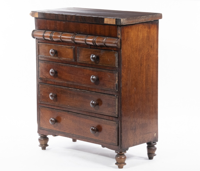 Appraisal: WALNUT MINIATURE SEVEN-DRAWER CHEST French Walnut Chest crossbanded overhanging top