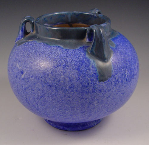 Appraisal: FULPER POTTERY BLUE JARDINIERE Bulbous three handle jardiniere drip glaze