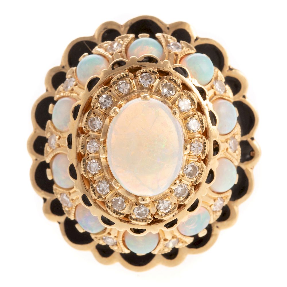 Appraisal: An Opal Diamond and Black Enamel Ring in K K