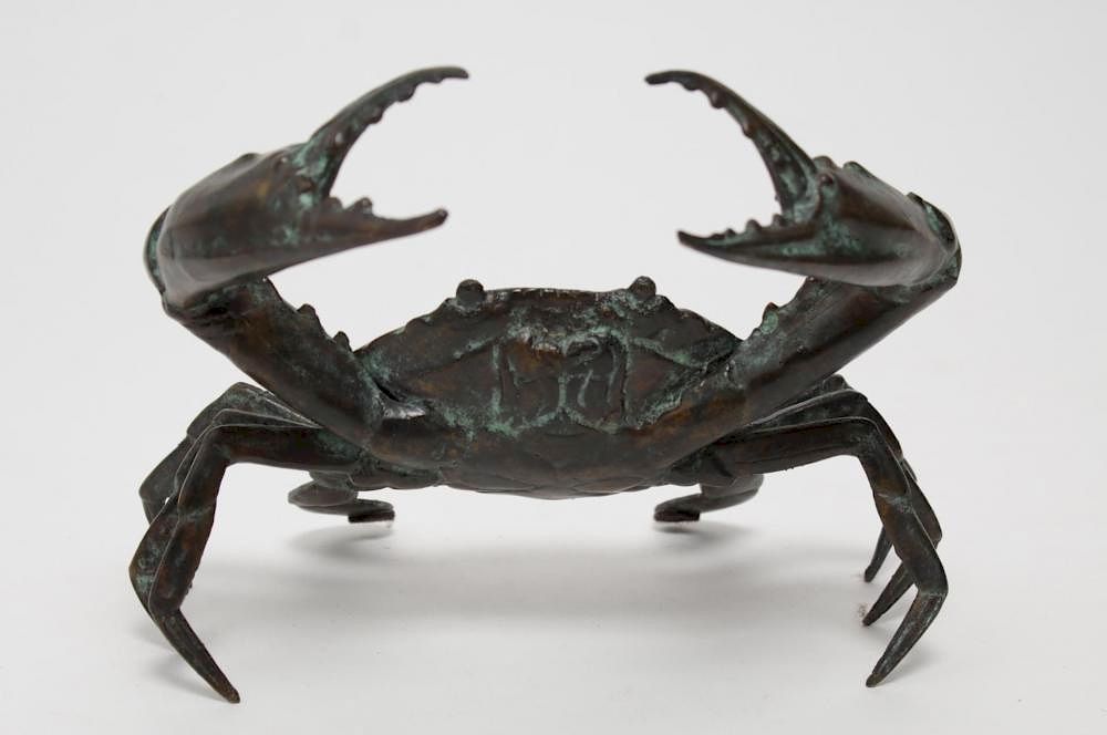 Appraisal: Patinated Bronze Crab Tabletop Sculpture Crab sculpture of mottled bronze