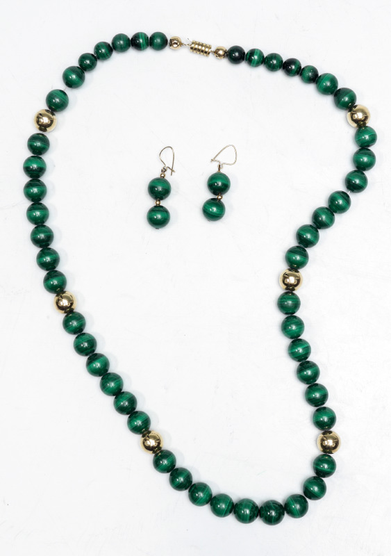 Appraisal: MALACHITE BEAD NECKLACE EARRINGS Graduated beads from - mm with