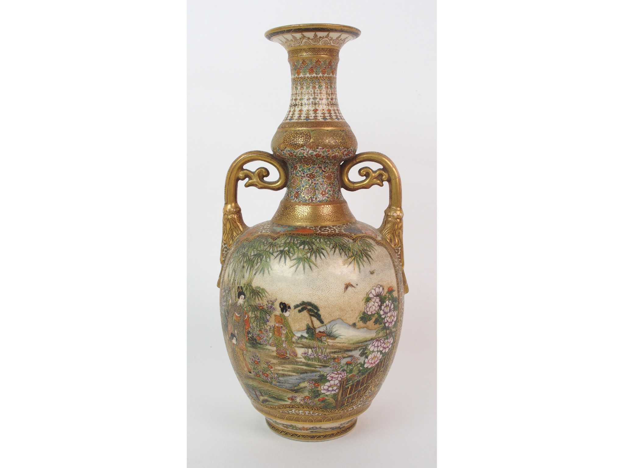 Appraisal: A Satsuma two-handled vasepainted with figures in extensive landscapes divided