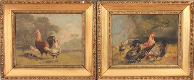 Appraisal: Pair of scenes with chickens feeding oil on board x