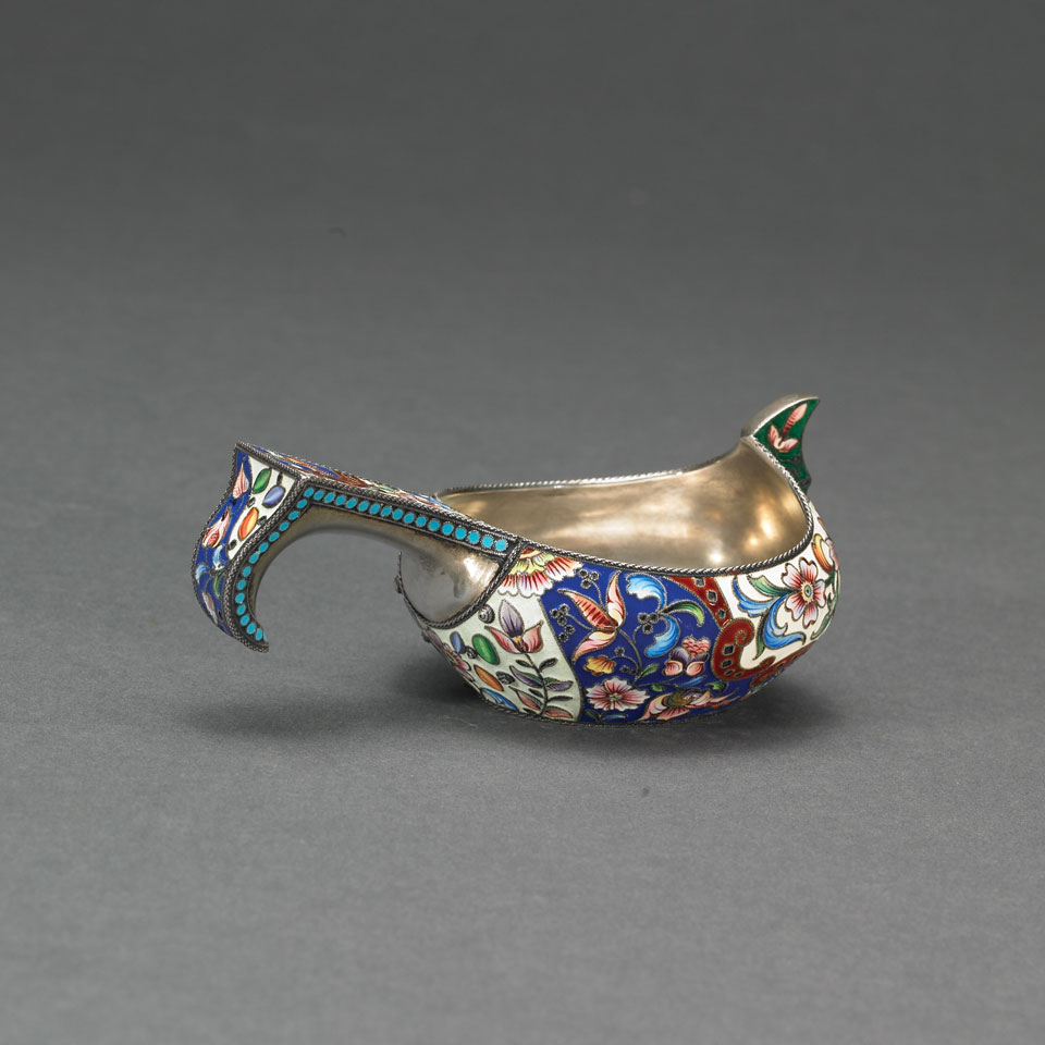 Appraisal: Russian Silver and Shaded Cloisonn Enamel Kovsh Maria Semyenova Moscow