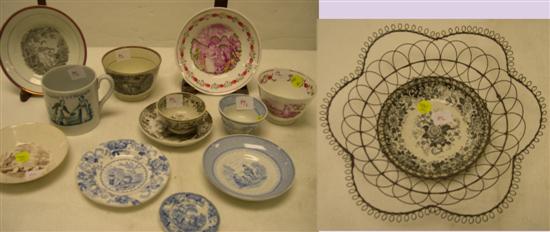 Appraisal: Transferware including a wire basket framed plate two miniature cups