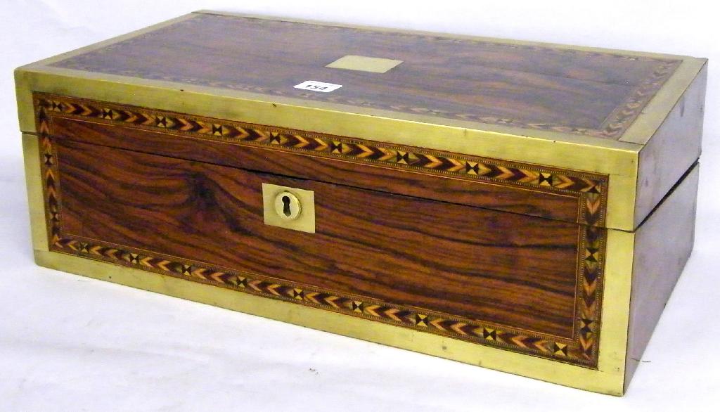 Appraisal: Large Victorian walnut inlaid and brass bound writing slope with