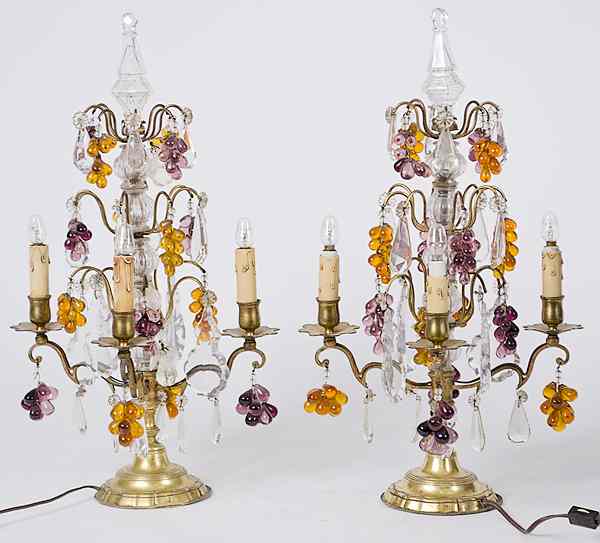 Appraisal: French Four Light Brass and Crystal Candelabras French early th