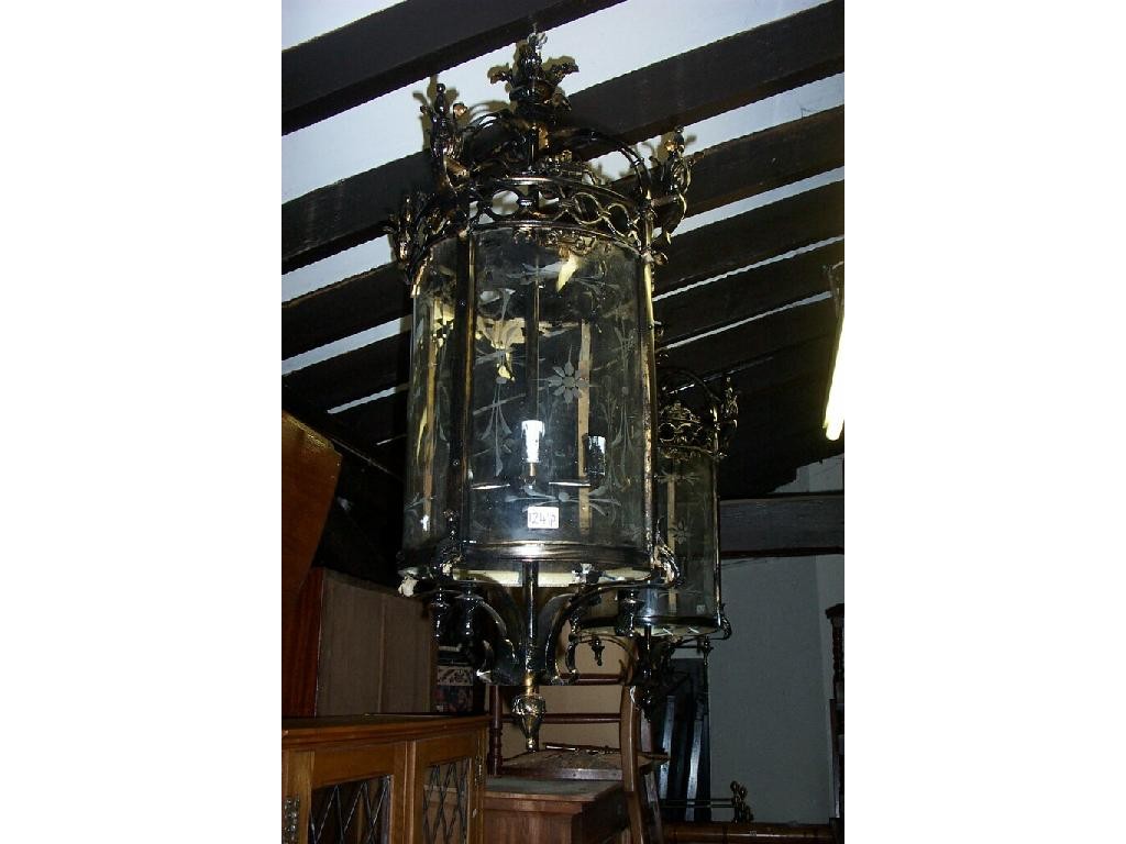 Appraisal: A pair of large hall lanterns of cylindrical form with