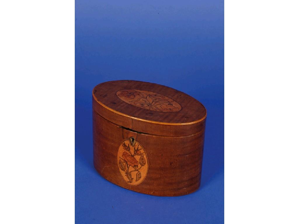 Appraisal: A REGENCY SATINWOOD AND MARQUETRY OVAL TEA CADDY the shaped