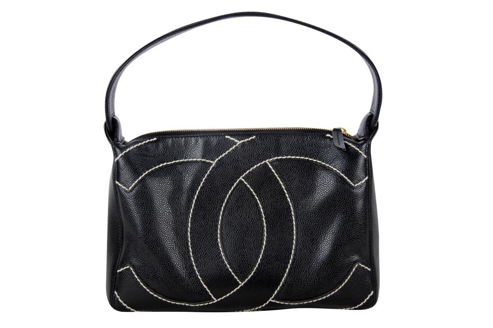 Appraisal: CHANEL BLACK LEATHER HANDBAGpebbled black leather with contrasting white stitching