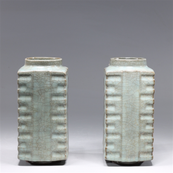 Appraisal: Two Chinese celadon glazed rectangular porcelain vases with molded design