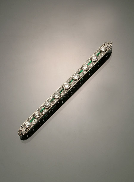 Appraisal: Art Deco Platinum Diamond and Synthetic Emerald Bar Pin Circa