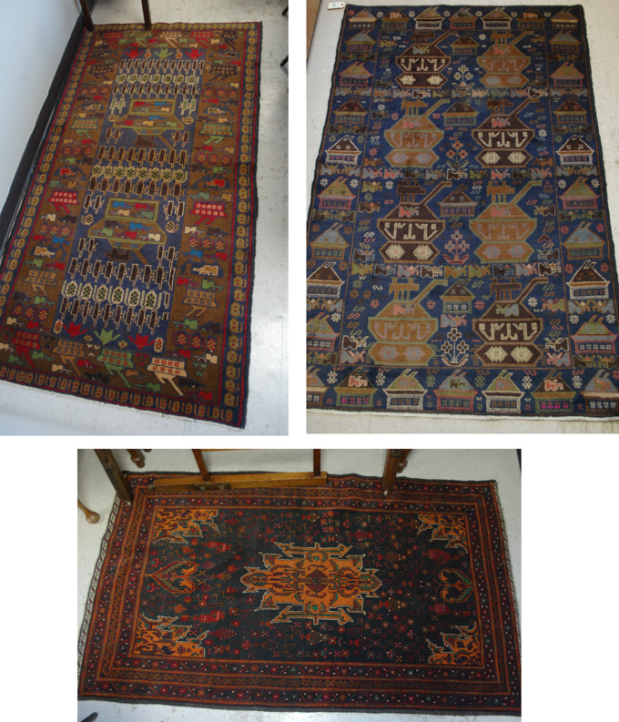 Appraisal: THREE AFGHAN BELOUCH TRIBAL AREA RUGS all hand knotted wool