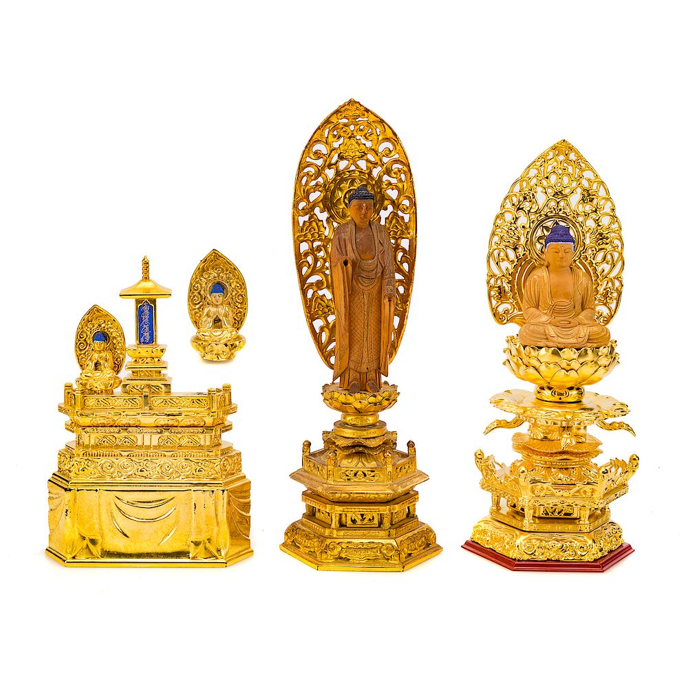 Appraisal: Three Chinese carved gilt wood Buddhist shrines two shrines with