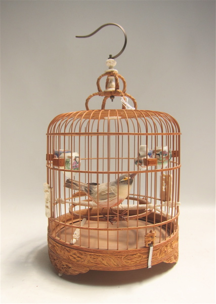 Appraisal: CHINESE CARVED BAMBOO AND FAUX IVORY BIRD CAGE of cylindrical