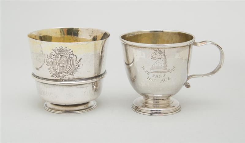 Appraisal: ENGLISH CRESTED SILVER CUP AND A FOOTED ARMORIAL CUP The