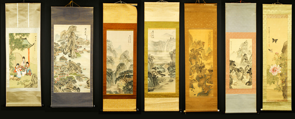 Appraisal: - Seven Chinese Scroll Paintings Lot of seven watercolor scroll