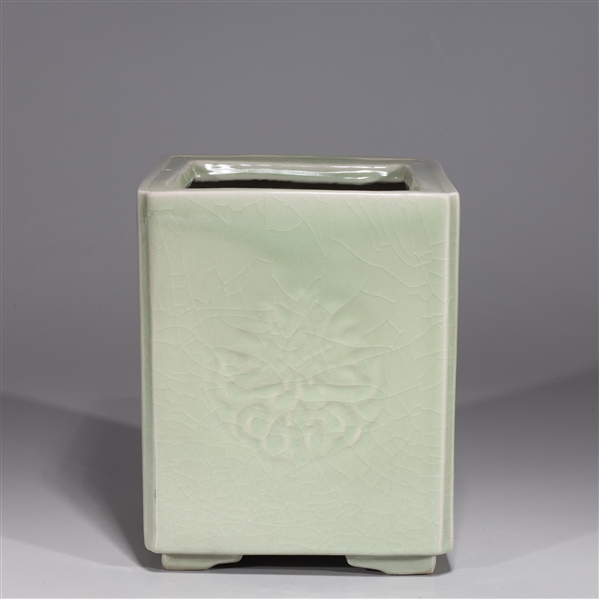 Appraisal: Chinese celadon glazed porcelain square form brush pot with molded