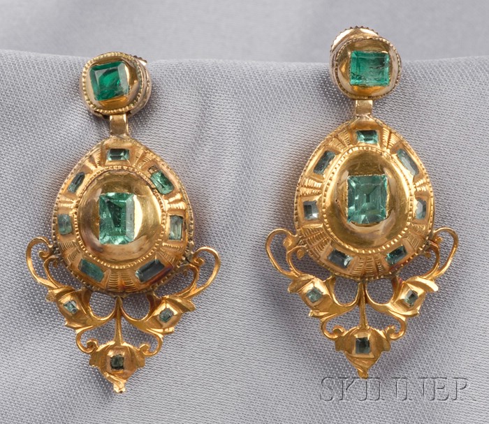 Appraisal: Antique Gem-set Earpendants the engraved bombe forms set with step-cut