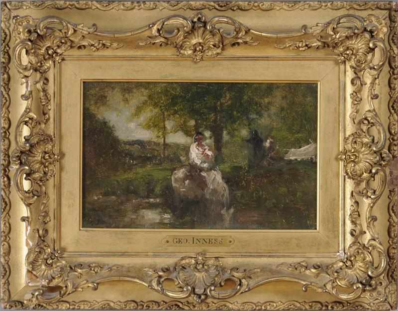 Appraisal: GEORGE INNESS - FORDING A STREAM ON HORSEBACK Oil on