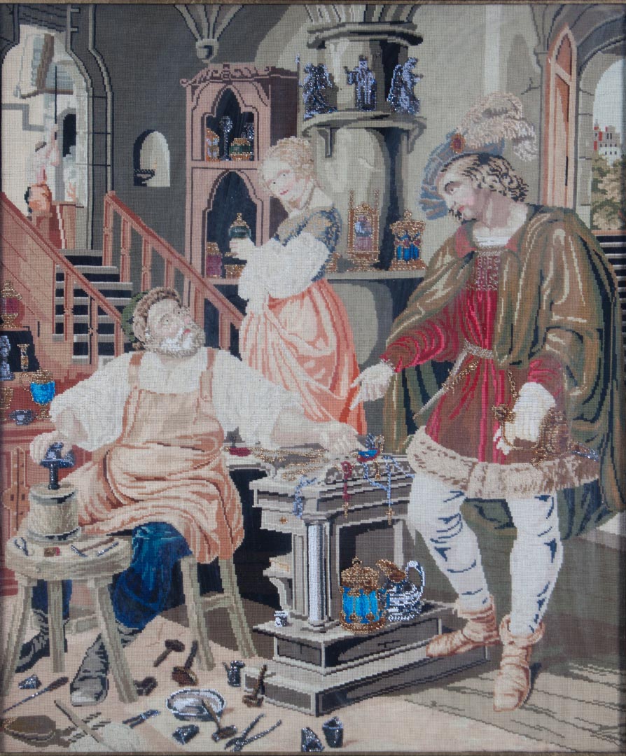 Appraisal: th century needlework picture depicting a nobleman visiting a craftsman's