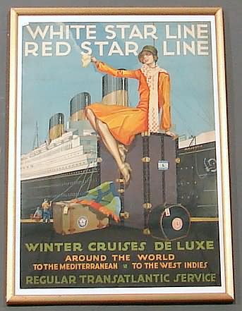 Appraisal: Travel poster featuring liner Majestic at dock with woman sitting