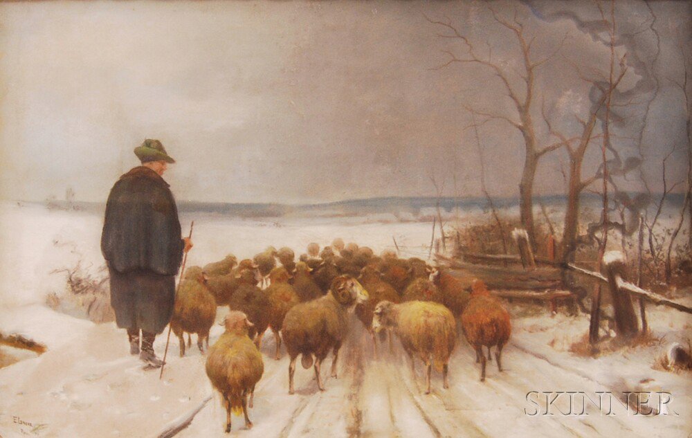 Appraisal: Framed Pastel on Paper Winter Scene with Sheep and Herder