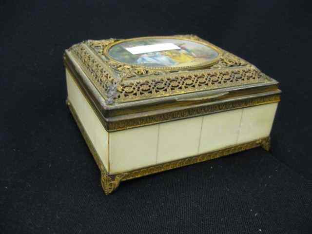 Appraisal: Bronzed Dresser Box with Handpaintedcourting scene on celluloid footed ''